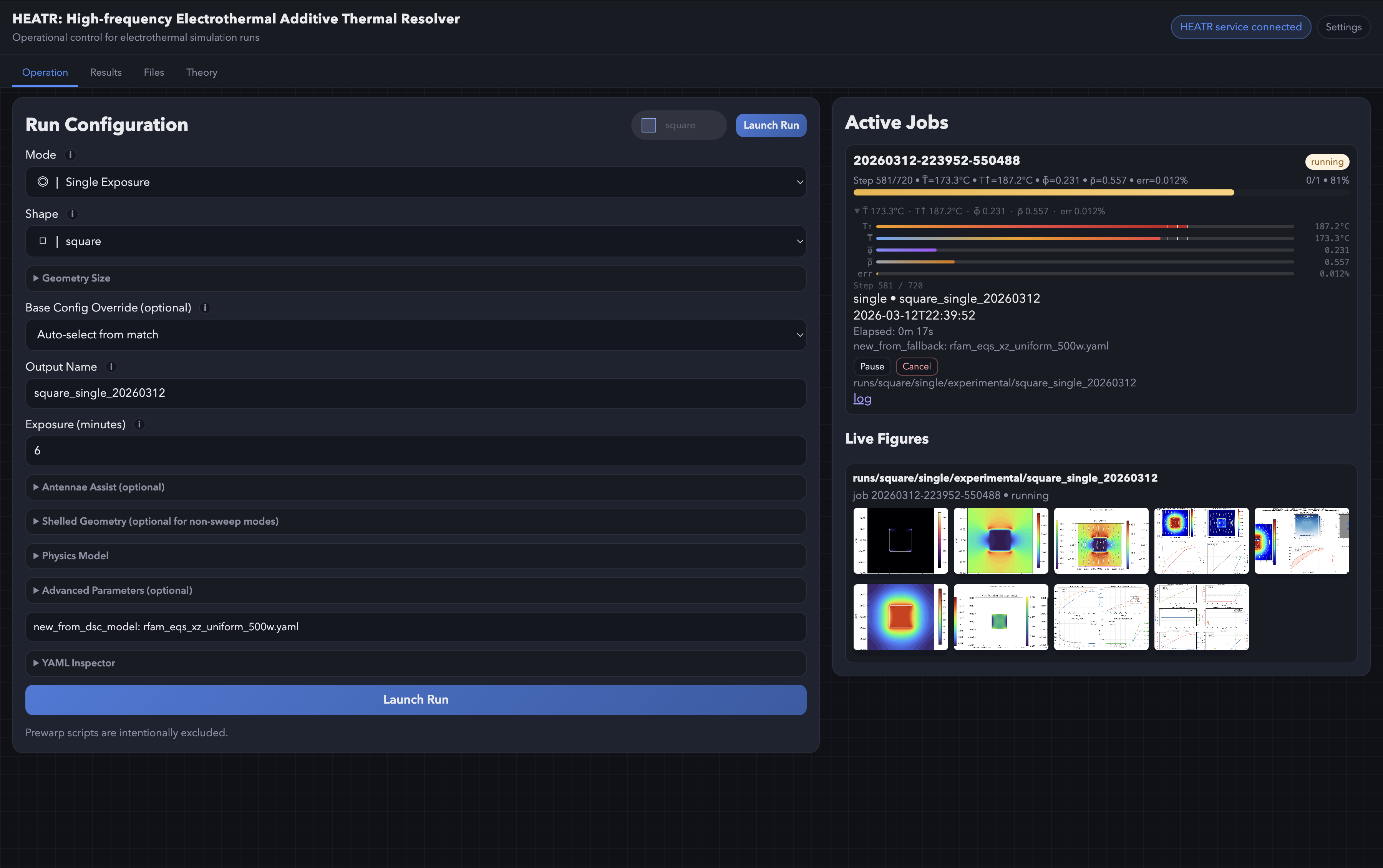 HEATR GUI – Operation Page with Run Configuration and Active Job Queue